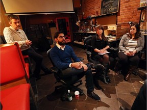 Panelists Doug Sartori, left, Anthony Garreffa, Katie Renaud and Emily Ciaravino discuss the realities of the cross-border work experience during a roundtable event hosted by Windsor Hackforge in Windsor on Dec. 7, 2016.