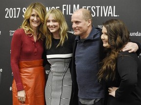 Left to right, Laura Dern, Judy Greer, Woody Harrelson and Isabella Amara, cast members in &ampquot;Wilson,&ampquot; pose together at the premiere of the film at the Eccles Theatre during the 2017 Sundance Film Festival on Sunday, Jan. 22, 2017, in Park City, Utah. (Photo by Chris Pizzello/Invision/AP)