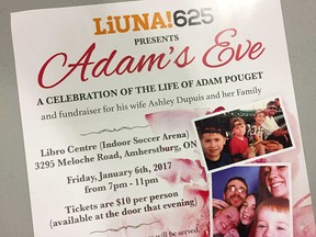 A sign at a fundraising event for the family of the late Adam Pouget of Amherstburg. Pouget was struck and killed by a car on Nov. 17, leaving behind four children and their mother.