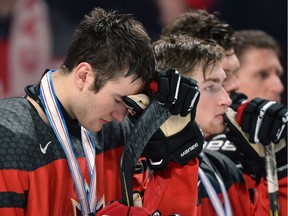 Canada forward Nicolas Roy (25) is deep in thought after losing to the United States in gold medal game hockey action at the IIHF World Junior Championship on Jan. 5, 2017 in Montreal.