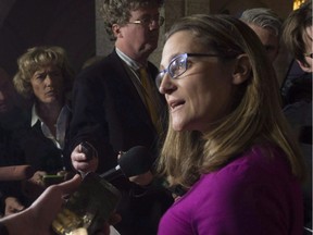International Trade Minister Chrystia Freeland speaks with the media in the foyer of the House of Commons following Question Period on Oct. 26, 2016 in Ottawa.