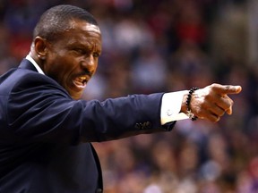 Coach Dwane Casey of the Toronto Raptors directs the team against the Orlando Magic during NBA action at the Air Canada Centre in Toronto on Jan. 29, 2017.
