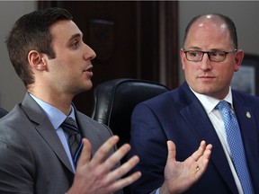 Windsor's economic development officer Matthew Johnson. left, and Mayor Drew Dilkens hold a news conference Friday to unveil details of a concierge-style service to guide investors.