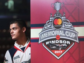 The 2017 MasterCard Memorial Cup committee unveiled the official logo for the tournament on Aug. 18, 2016, at the WFCU Centre in Windsor. Windsor Spitfire goalie Michael DiPietro is shown unveiling the logo during a news conference.