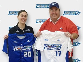 George Brown manager of athletes and recreation Melanie Gerin-Lajoie, left, introduces Windsor native Tom Valcke as the school's new head coach of baseball.