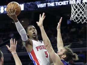 Detroit Pistons guard Kentavious Caldwell-Pope (5) shoots over Charlotte Hornets forward Spencer Hawes during the first half of an NBA basketball game, Jan. 5, 2017, in Auburn Hills, Mich.