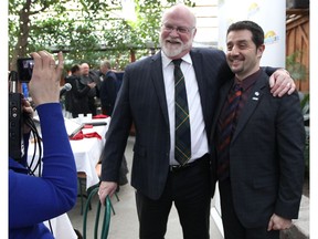 Leamington Mayor John Paterson, left, and Kingsville Mayor Nelson Santos pose for a photo at the annual mayors' breakfast event at Colasanti's on Jan. 25, 2017 in Kingsville.