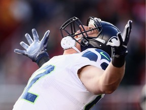 LaSalle's Luke Willson (82) of the Seattle Seahawks celebrates after catching a touchdown pass against the San Francisco 49ers at Levi's Stadium on Jan. 1, 2017 in Santa Clara, Calif.