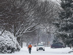 A man walks down a snowy Medina Street in Windsor, Ont. on Tuesday, January 31, 2017 in Windsor.