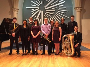 University of Windsor music students who competed for the Ron W. Ianni Memorial Scholarship in Music Performance pose at Assumption Hall on Jan. 15, 2017. From left: Sebastian Bachmeier, Mary -Valene Daniel, Emilian Cailean, Lilly Korkontzelos, Preston Leschyna, Angelica Sciacca, Celina Bechard, Logan Adlam, Daniel Turner, and Henry Breitkopf.