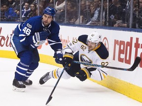 Toronto Maple Leafs defenceman Roman Polak (46) takes out Buffalo Sabres left wing Marcus Foligno (82) during third period NHL hockey action in Toronto on Jan. 17, 2017.