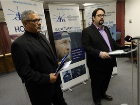Dan Allen (left), chair of the Ontario Trillium Foundation's local grant review team, joins Ron Dunn, CEO of the Downtown Mission, at a news conference to announce their new Enterprise Program on Jan. 12, 2017.
