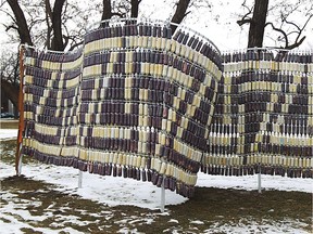 A giant wampum belt, made out of water bottles, is seen in Patterson Park in Windsor on Feb. 26, 2013.