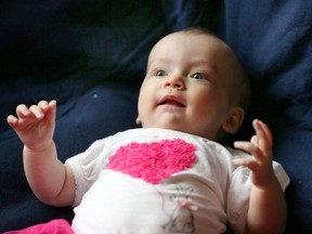 Madalayna Ducharme, five months old, has recently been diagnosed with malignant infantile osteopetrosis. She pictured at her family's home on Jan. 18, 2017.