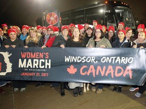 Windsor women leave by bus on Jan. 19, 2017 to attend Women's March on Washington .