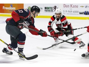 Windsor Spitfires Graham Knott fires a shot during a power play against Ottawa 67's Jared Steege in OHL action on Jan. 19, 2017. Knott had a goal and an assist Jan. 29, 2017 in a 5-3 win over Hamilton at the WFCU Centre.