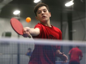 Matthew Taylor, 13,  during a workout with the Windsor Table Tennis Club at Central Park Athletics in Windsor, Ont., on Jan. 3, 2017. Taylor is a Brennan Hockey Academy student and goaltender, and plays table tennis to improve his reaction time in the net.