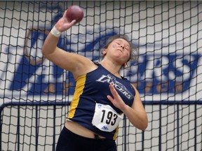 University of Windsor Lancers'  Beth Kester competes in the shot put during the 36th Can-Am Classic at the University of Windsor Fairall Fieldhouse on Jan. 13, 2017.
