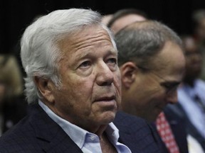 New England Patriots owner Robert Kraft listens as NFL Commissioner Roger Goodell answers questions during a news conference during preparations for the NFL Super Bowl 51 football game Wednesday, Feb. 1, 2017, in Houston. (AP Photo/Morry Gash)