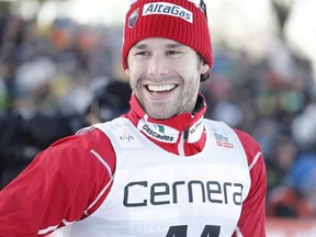 Alex Harvey of Canada reacts after crossing the finish line to win the men&#039;s 15km free style competition at the FIS Cross Country skiing World Cup event in Ulricehamn, Sweden, Saturday Jan. 21, 2017. Harvey is among the Canadian athletes to watch heading into the Peyongchang Olympics. THE CANADIAN PRESS/AP-Adam Ihse / TT via AP