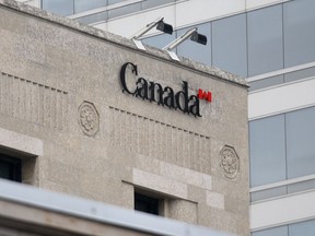 The Government of Canada logo on the Paul Martin Building in downtown Windsor has been incorrectly installed on the building's facade. The logo is pictured here on Feb. 9, 2017.