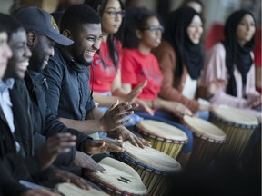 Students from the University of Windsor participate in a drumming workshop at the kick-off of the 12th annual Afrofest in the CAW Centre on Feb. 6, 2017. Afrofest is a week-long event with fashion shows, workshops, and panels being held throughout the week.