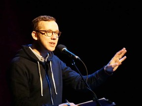 Dan Misener, founder and organizer of the event series Grownups Read Things They Wrote As Kids, is seen hosting a show in this undated promotional image.