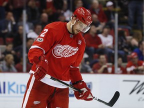 Detroit Red Wings defenceman Brendan Smith skates off the ice during the third period of the team's NHL hockey game against the New York Islanders on Feb. 21, 2017, in Detroit. Smith has been traded to the New York Rangers  in exchange for a second-round pick in 2018 and and a third-round selection in 2017.