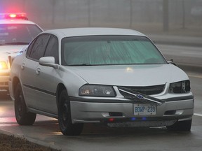 The damaged Chevy Impala involved in a two-car crash on Lauzon Road on April 4, 2014 is seen in this file photo.