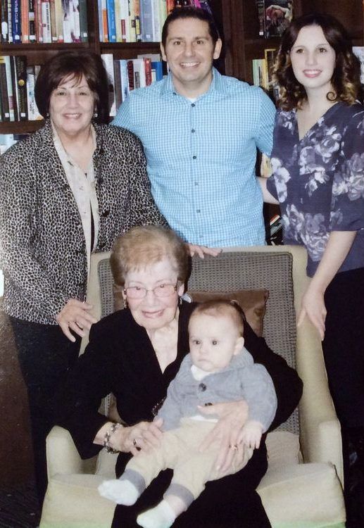 Five generations: Great-great-grandmother Lucy Gordon holds baby Sean Jedlinski and standing behind them are great-grandmother Theresa Corra (left), grandfather Dean Corra (middle) and the baby's mother, Chelsea Jedlinski (right).