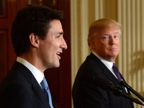 Prime Minister Justin Trudeau and U.S. President Donald Trump take part in a joint press conference at the White House in Washington, D.C. on Monday, Feb. 13, 2017.