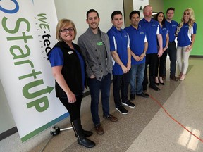 Sponsor representative Lori Atkinson, left, poses with five Libro Startup winners Ryan Cant, Adrian Manzi, Edwin
Padilla, Brett Bildfell and Lisa Jacobs, and sponsor representatives Adam Frye and Yvonne Pilon at the Libro Community Centre and Library in Woodslee on Feb, 22, 2017. Six companies were selected to receive grants and mentorship.