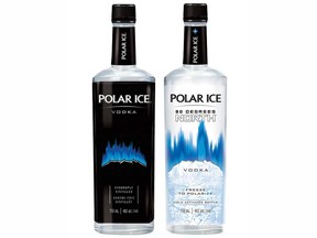 Polar Ice Vodka bottles that are missing the brand's polar bear logo. The limited edition bottles are part of the company's campaign to raise awareness of global efforts to prevent polar bear extinction.