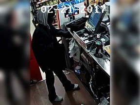Security camera image of the slim suspect who robbed a west Windsor convenience store with a knife during the early morning hours of Feb. 21, 2017. Police believe the same individual was responsible for a knifepoint robbery at the same location on Feb. 12.