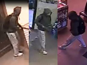 A suspect wanted in connection with a robbery at the Royal Oasis Pharmacy in the 400 block of Advance Boulevard in Lakeshore on Feb. 14, 2017 is pictured in these surveillance photos.