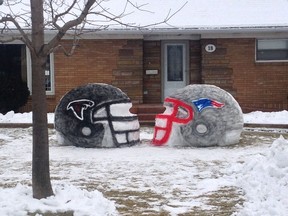 Leamington's Jeff Myer unveiled his latest snow creation — New England Patriots and Atlanta Falcons helmets in preparation for Super Bowl Sunday.