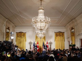 President Donald Trump and Canadian Prime Minister Justin Trudeau participate in a joint news conference in the East Room of the White House in Washington, Monday, Feb. 13, 2017.