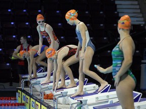 Members of the Windsor Aquatic Club stand in for the FINA swimmers and train on basket duties during a dress rehearsal for the 2016 FINA World Swimming Championships at the WFCU Centre in Windsor on Dec. 5, 2016.