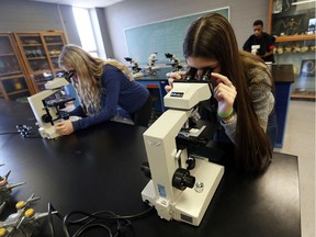 High schools students Riley Mayville, left, and Mia Simons look at cancer cells through a microscope during the Let's Talk Cancer Symposium at the University of Windsor on Feb. 23, 2017.