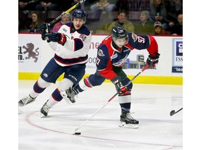 Spitfires forward Jeremy Bracco, right, had a goal and an assist in Saturday's 4-3 road win over the Saginaw Spirit on Saturday.