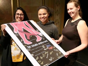 From left: production chair Anchal Bhatia, director Tori-Lee Jenkins, and actress Jessica Clement hold a poster promoting The Vagina Monologues at the Capitol Theatre. Show takes place Feb. 15, 2017.