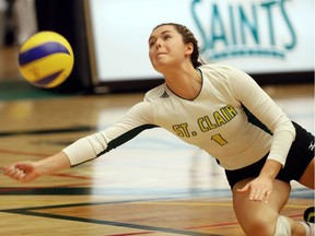 Julie Ann Milling of the St. Clair Saints dives to save a point against the Niagara College Knights in OCAA Women's Volleyball Championships bronze medal game at the St. Clair SportsPlex Sunday February 26, 2017.