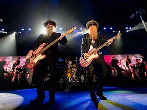 Blues-rock trio ZZ Top (From left: Dusty Hill, Frank Beard, and BIlly Gibbons) playing in Indio, California, in 2015.