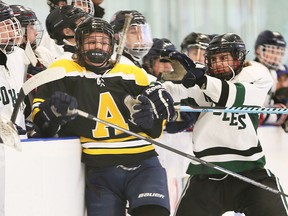 Belle River Nobles Dylan O'Neil, right, checks General Amherst Brock Beaudoin in WECSSAA boys' A/AA high school hockey final at Atlas Tube Arena, Monday March 6, 2017.