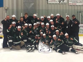The Belle River Nobles celebrate after winning the OFSAA boy's hockey championship in Fort Frances, Ont.