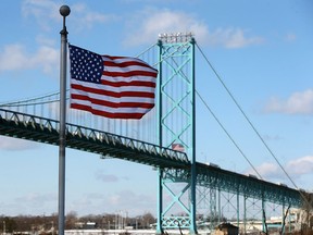 Traffic travels over the Ambassador Bridge into Detroit, Mich., in this February 2017 photo.