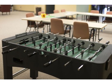The interior of Dignified Day, an adult day program, features a foosball table and other amenities.
