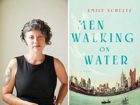 Wallaceburg-raised author Emily Schultz and the cover of her latest novel, Men Walking On Water. The narrative is set in the Detroit-Windsor rumrunning scene during the Prohibition Era.