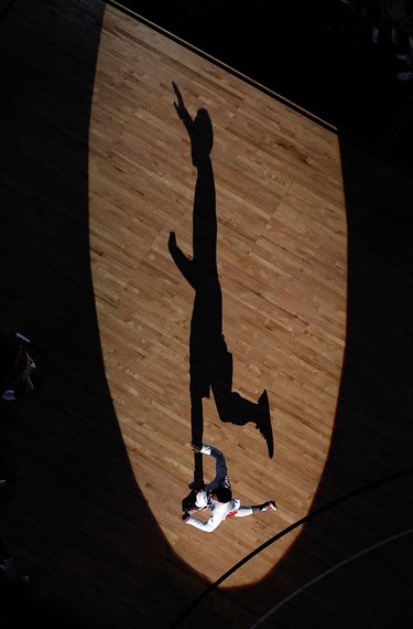 The Windsor Express' Alex Johnson makes his way on to the court to take on the London Lightning during game six of the Central Conference Finals at the WFCU Centre on May 27, 2016.