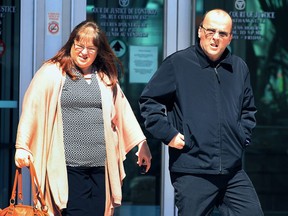 Caroline and Lorne Wagner exit the Ontario Court of Justice in Windsor, Ont., on March 22, 2107 during a break in the trial.